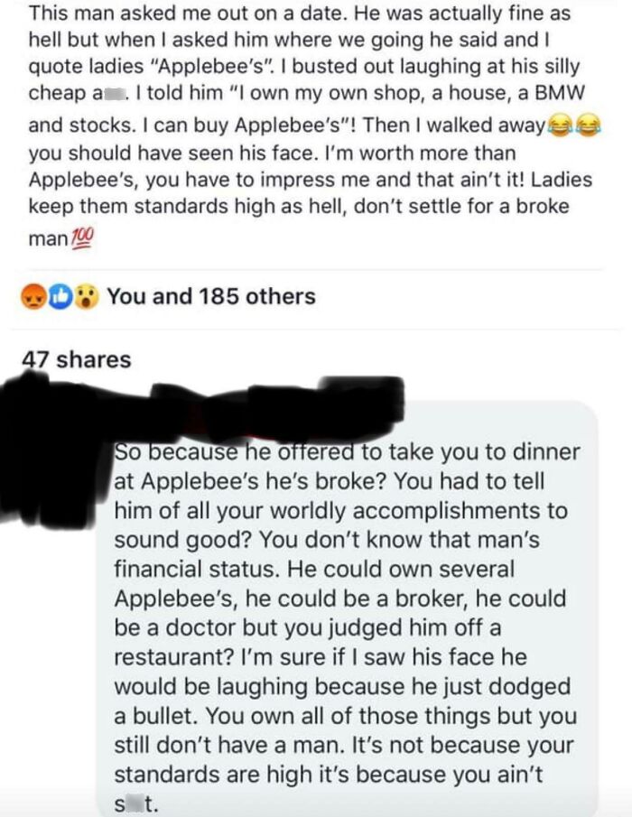 Rich Woman Dumping A Broke Man Due To Not Taking Her To A Fancy Restaurant, But An Applebees