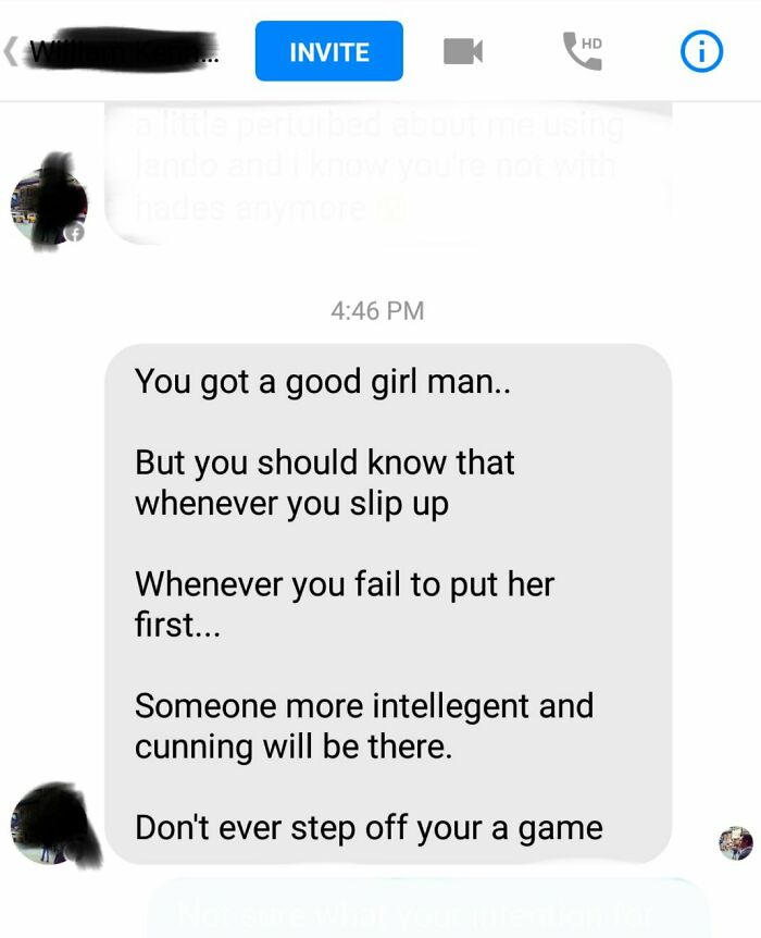 This Guy Just Got Done Posting 4 Comments In A Row On One Of My Girlfriend's Pics. He Then Proceeded To Send This Gentle Warning