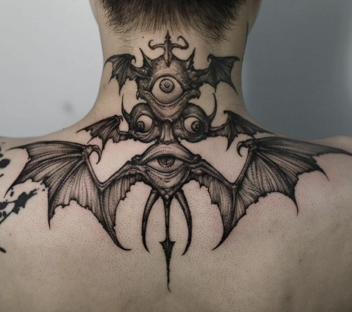 Freehand Seraphim on the back of the neck Tattoo
