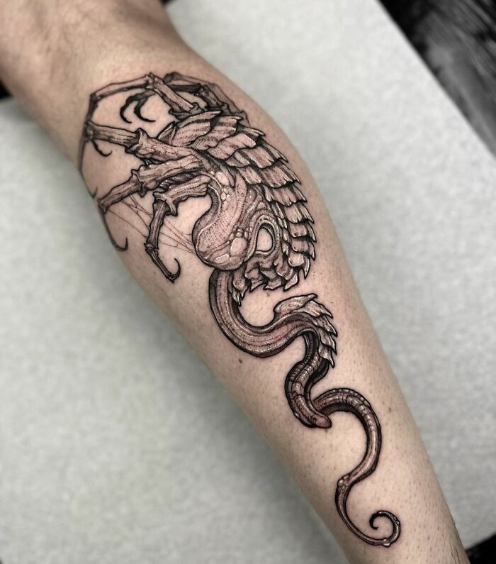 A detailed gothic tattoo of a dragon on a person's leg, showcasing intricate shading and line work.