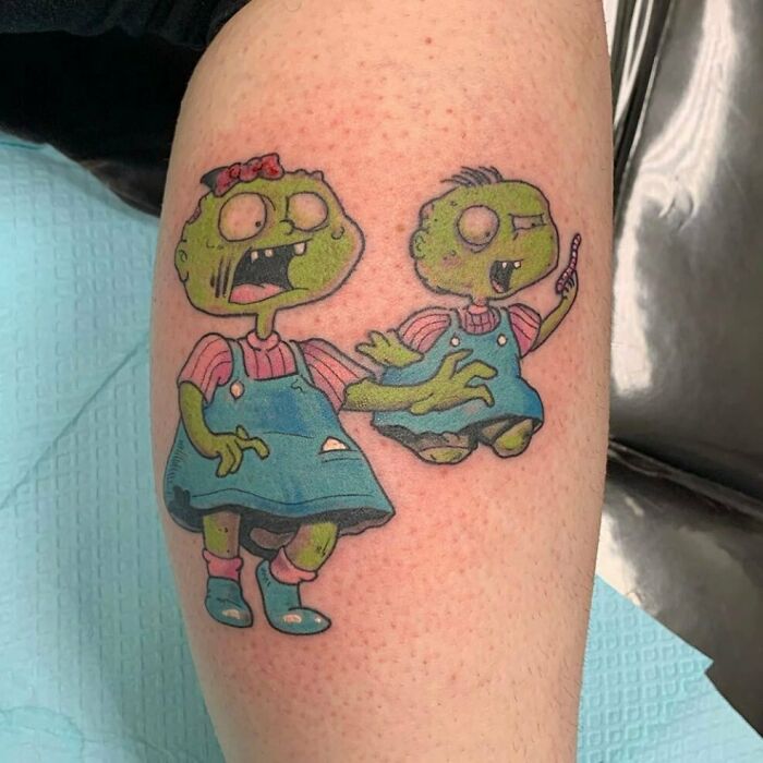 green zombie Phil & Lil cartoon tattoo