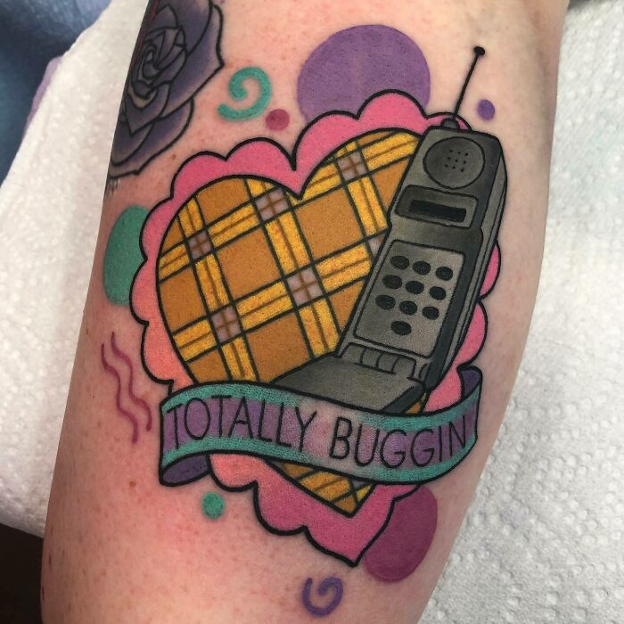 90's heart shape and phone tattoo