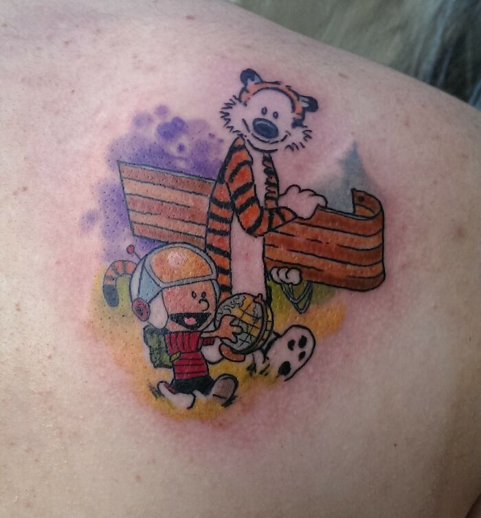 Calvin And Hobbes Watercolor Background Shading back tattoo