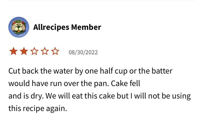 Used Half The Water Required In The Recipe Because My Cake Pan Was Too Small And The Cake Was Dry For Some Reason - 2 Stars