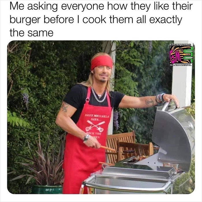 Man in red apron grilling with humorous caption; popular meme from "Men’s Humor" page.