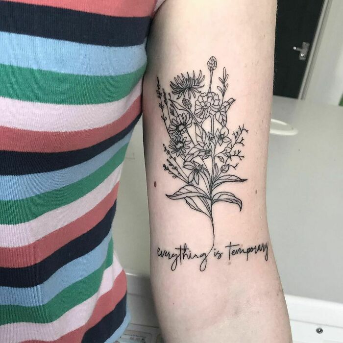 "Everything Is Temporary" and flower bouquet tattoo