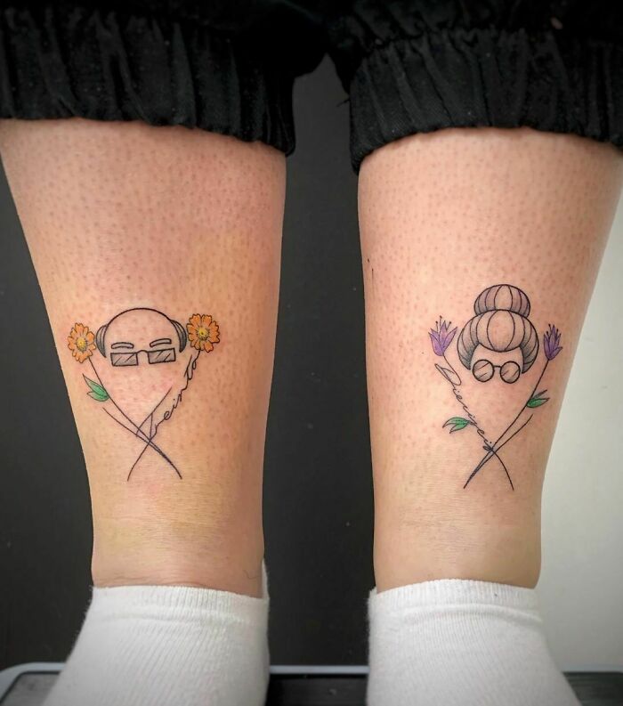 Grandparents graphic portraits with flowers leg tattoos