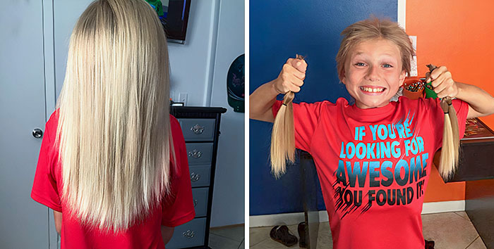 After 2 Years Of Growing His Hair, My Son Christian Has Reached His Goal Of Donating Over 10 Inches In 4 Ponytails