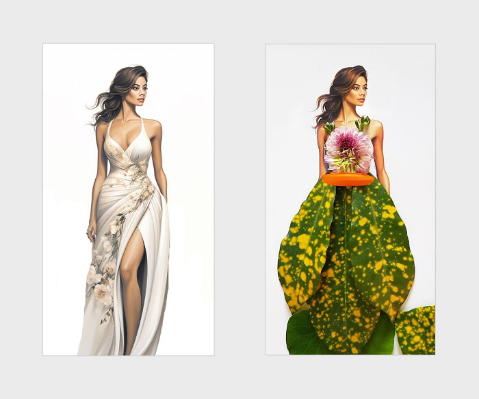 A Stylish Gown With A Skirt Adorned In Dotted Leaves, Paired With Daisy Flower Top