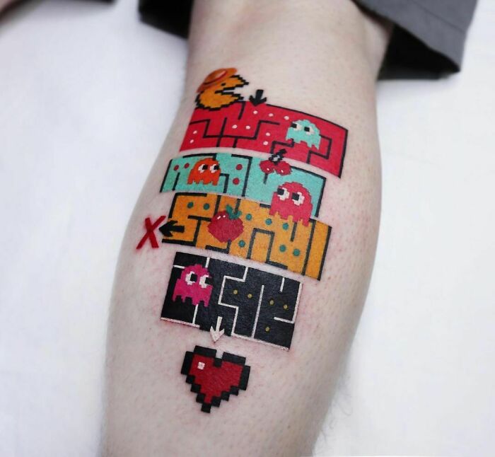 Oinky, Clyde, Inky and Pac-man tattoo 