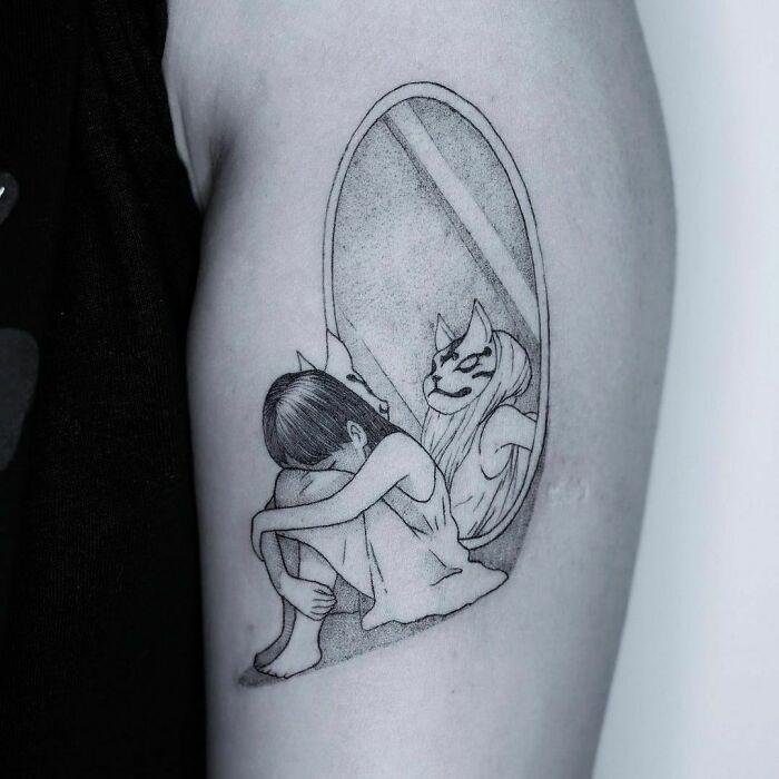 Crying girl in front of a mirror tattoo