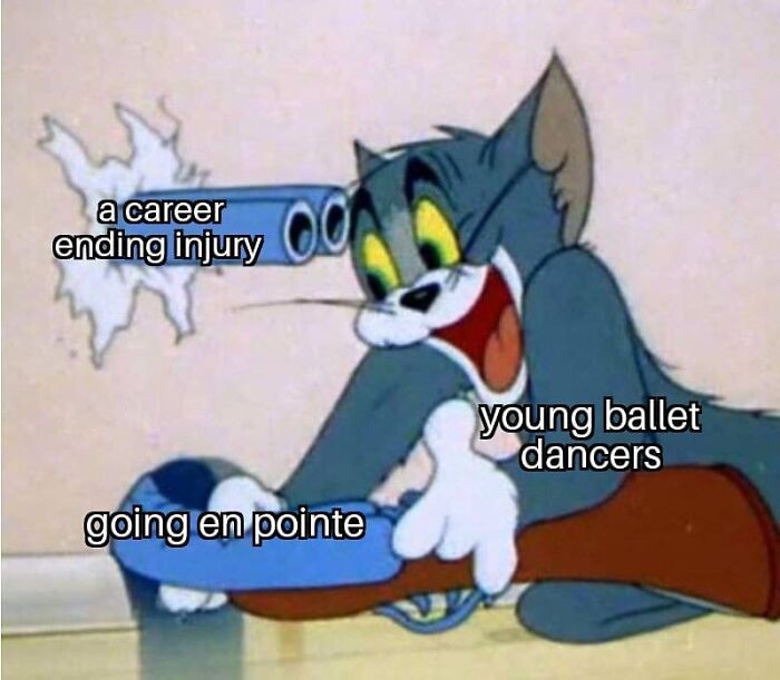young ballet dancers going en pointe while a career ending injury is looking at them meme