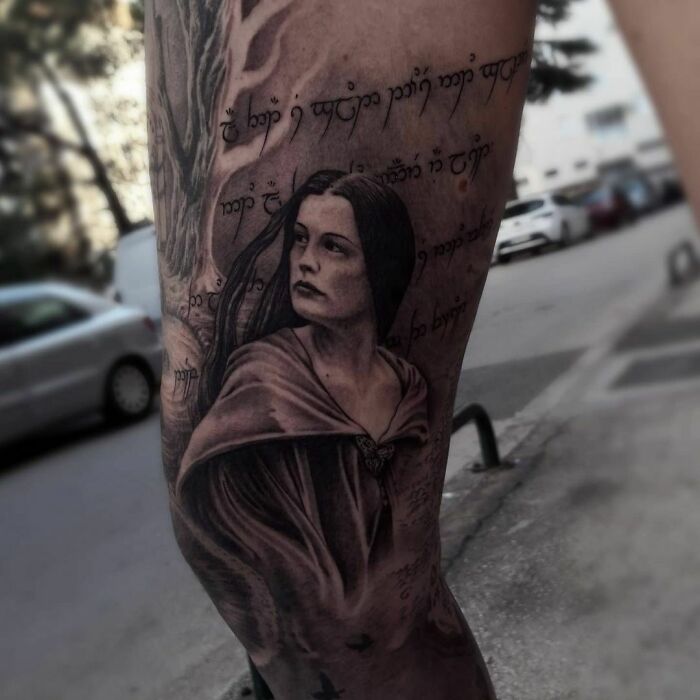Leg sleeve with Arwen tattoo 