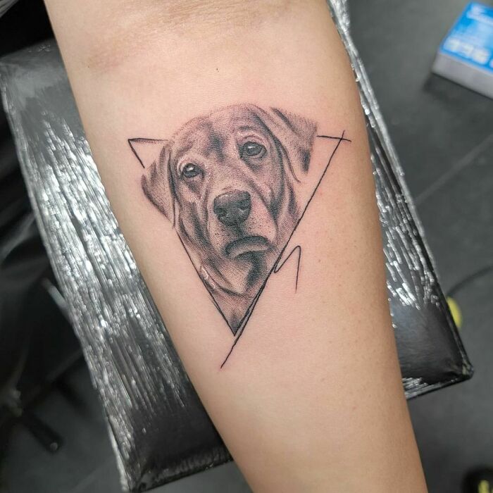 Realistic dog face forearm tattoo