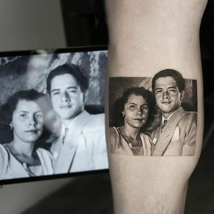 Picture of young grandparents memorial forearm tattoo