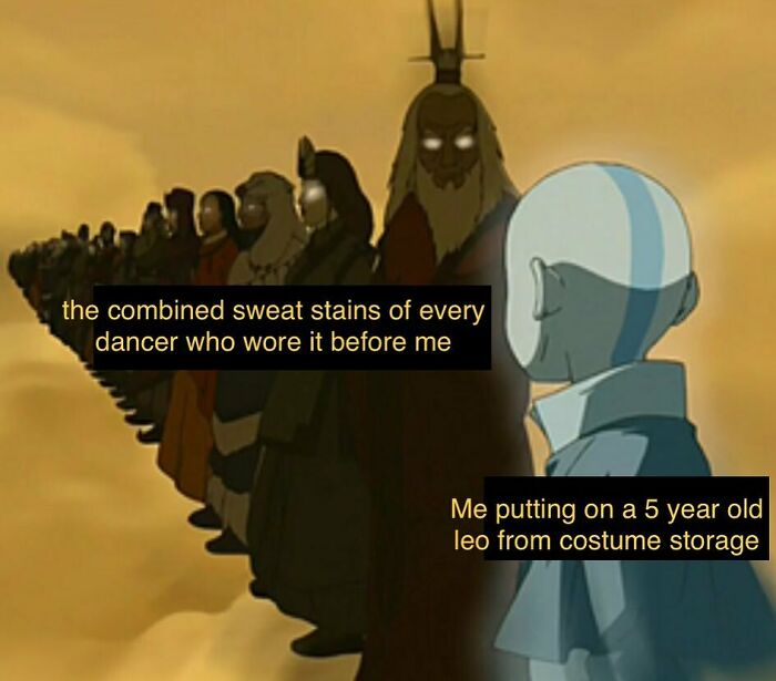 Dance meme of an avatar looking at past avatars in costumes, humorously depicting wearing an old dance costume.