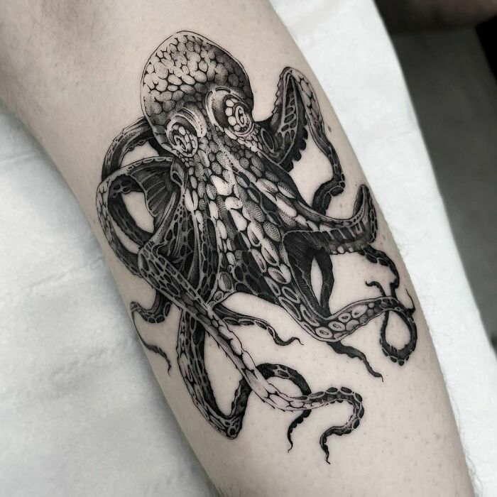 Large octopus calve tattoo