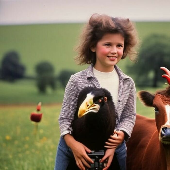 Three Hands, A Cow With A Chicken's Comb, And A Kind Of Prehistoric Bird. This Girl Lives In A Very Radiated Farm, But Her Hair Is Fantastic