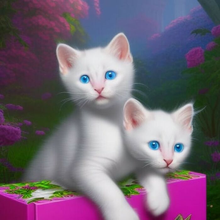 Prompt: "Beautiful White Kittens With Blue Eyes In A Pink Gift Box"