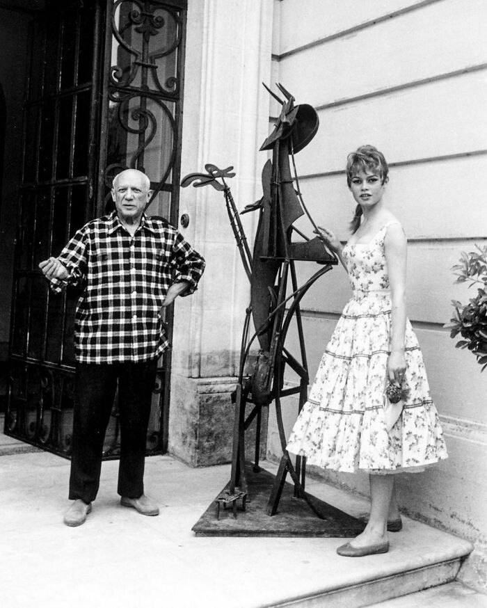 Pablo Picasso And Brigitte Bardot Outside His Studio In Vallauris During The Cannes Film Festival, 1956