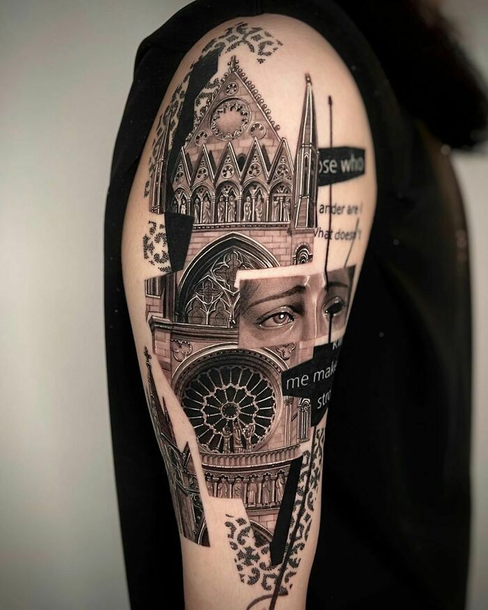 Cathedral Collage shoulder Tattoo