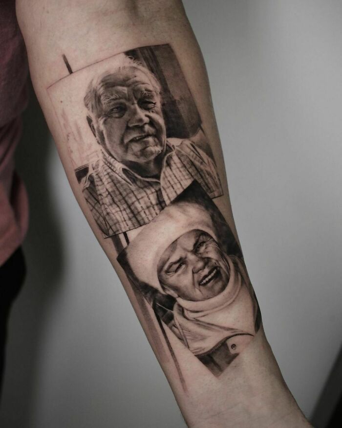 Realistic picture portraits of grandparents forearm tattoo