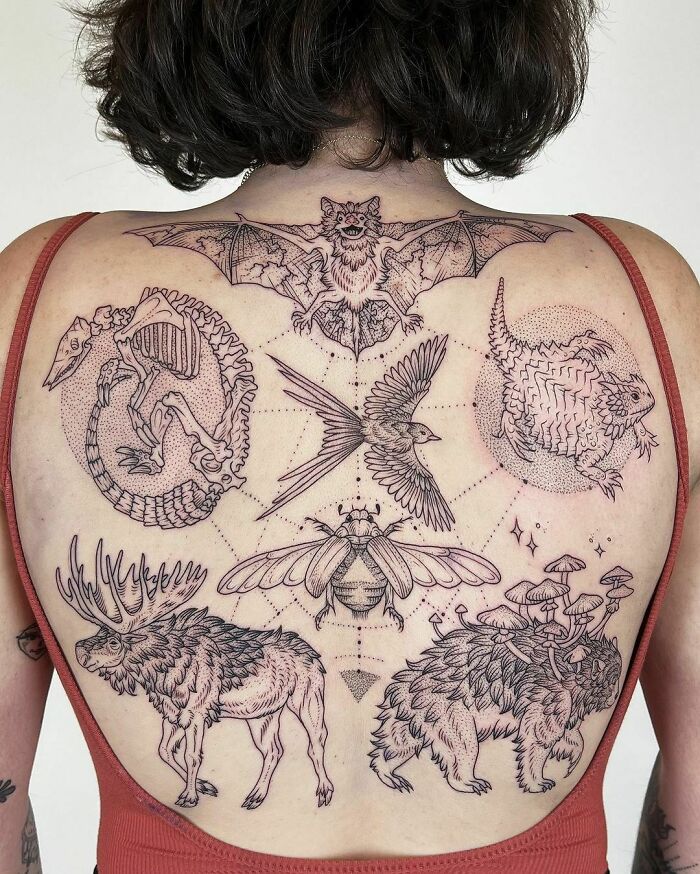 Bat, lizard, bird, bug, moose, bear stylized back piece