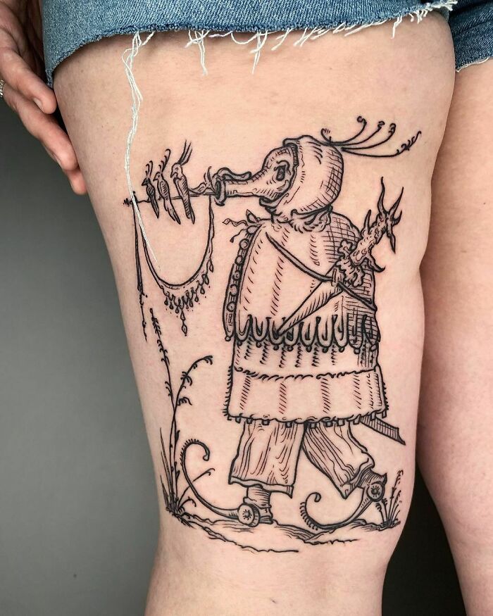 The Drolatic Dreams Of Pantagruel upper thigh Tattoo