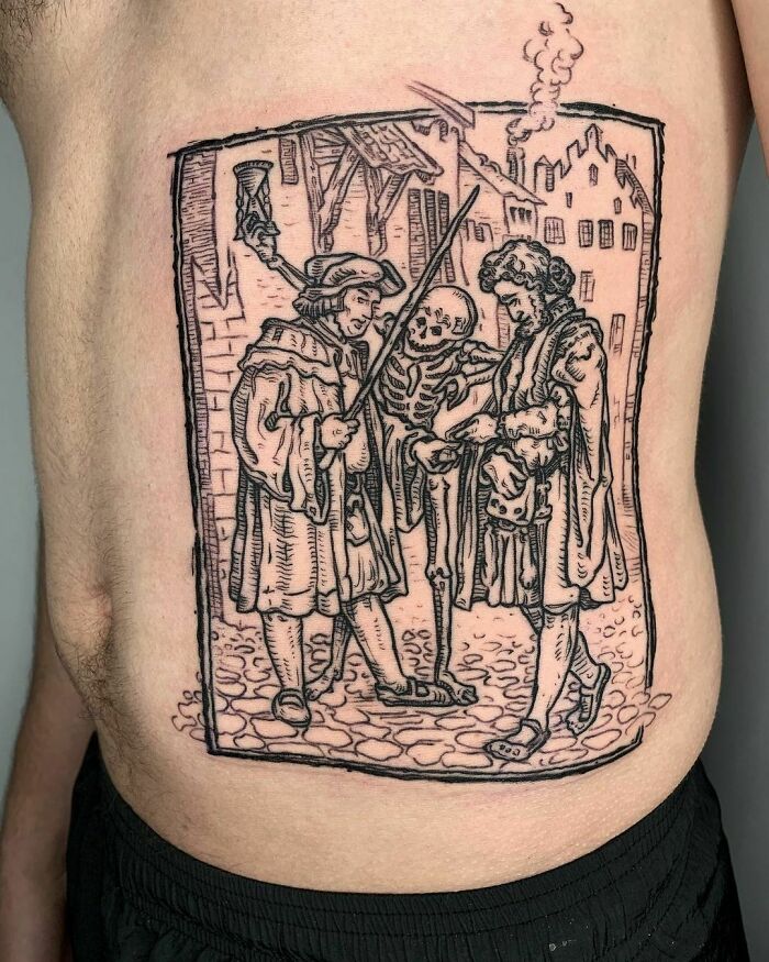 A detailed gothic tattoo featuring medieval figures and a skeleton on a person's side.