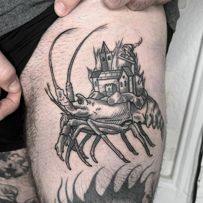 Shrimp With Flaming Village Upper Thigh Tattoo
