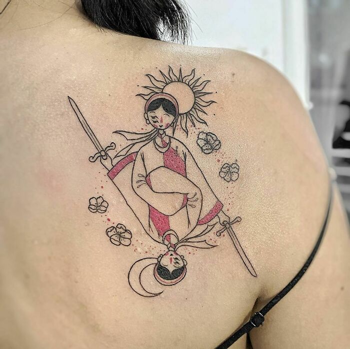 The Queen Of Hearts Abstract and colorful back Tattoo 