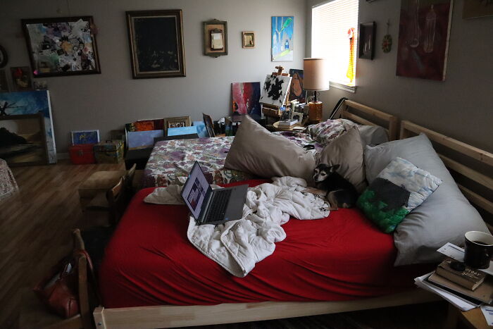 My Room And Studio Before I Traded It For A Smaller Model. All One Needs In Life Is The Beds, Weighted Blanket And The Puppy Face...also Internet And Coffee