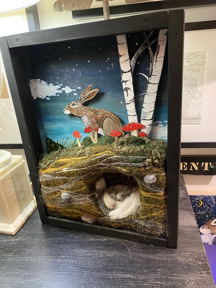A Shadowbox Crafted From Illustrated And Needle Felted Elements From Birchwood Fine Art