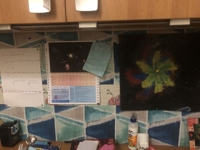 This Softboard Is The Best Part About My Room. So Far I’ve Pinned A List Of My Projects, A Painting I Made, A Chart That Has My Weight On Different Planets And A Paper With Positive Affirmations