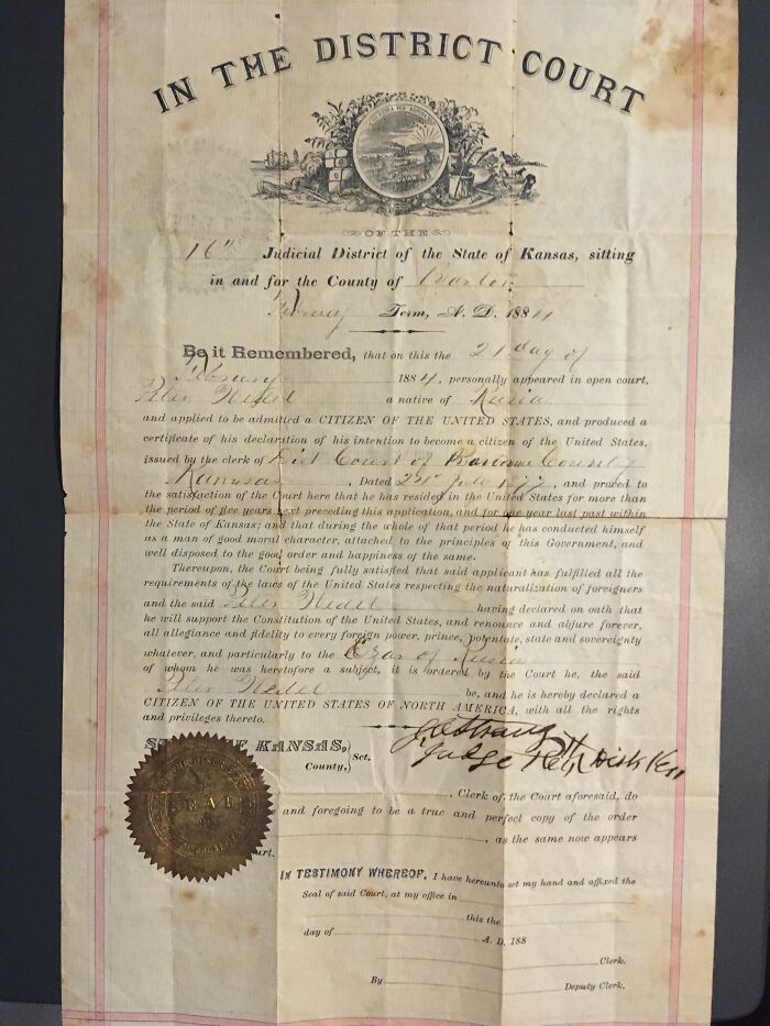 1884 Naturalization Paper, Renouncing Allegiance To The Emporer Of Russia Alexander III