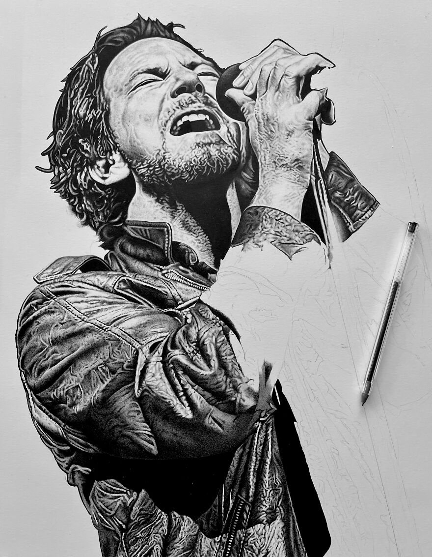 I Spent 14 Months - 380 Hours Total - Drawing Eddie Vedder With A Common Bic Ballpoint Pen