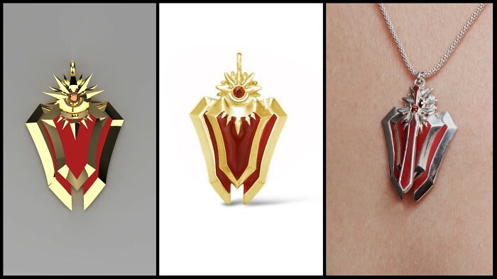 Leona Shield/Sword Pendant. Render (Left) vs. Real (Middle, Right)