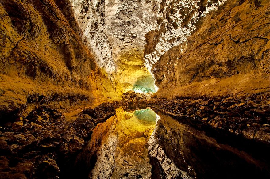 Cueva De Los Verdes, Canary Islands, Spain. Reflection On Water By
