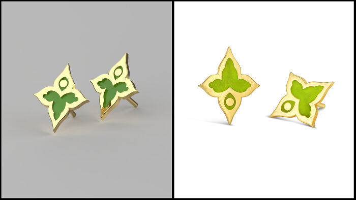 Nahida, Genshin Impact Stud Earrings. Render (Left) vs. Real (Right)