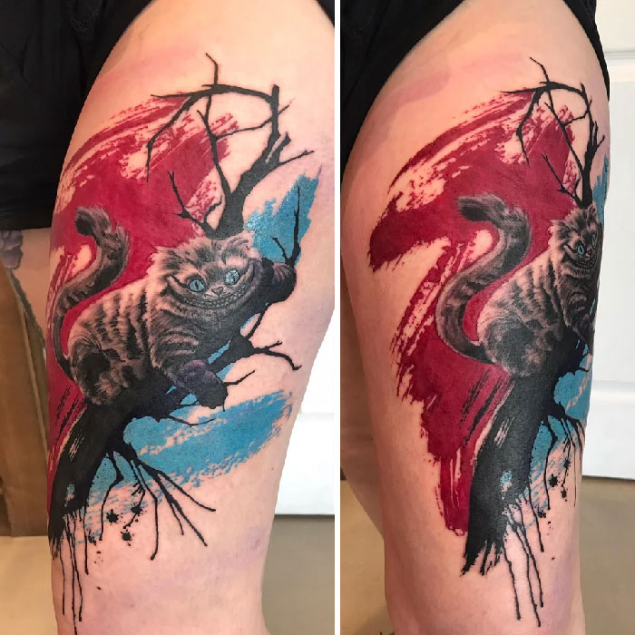 Abstract and colorful leg Cheshire Cat Tattoo