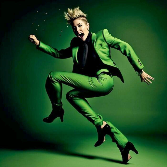 Prompt: Miley Cyrus Jumping, Wearing A Green Tailored Suit, High Fashion Photo Shoot. Translated: Demented Miley, Mouth Wide Open, Alien Fingers On The Left Hand, An Extra Foot