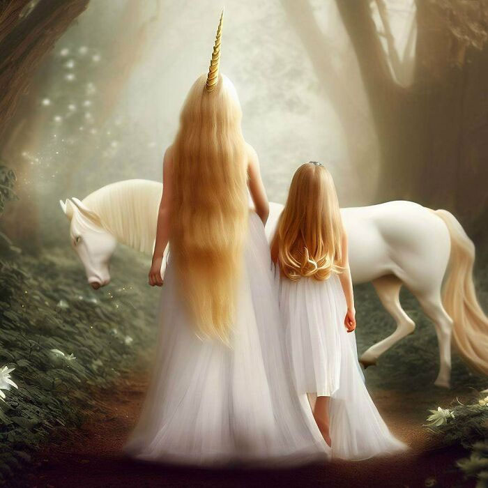 "An Image Of A Mother And Daughter With Long Golden Hair Wearing White Dresses, Walking Next To A Unicorn In An Enchanted Forest" 