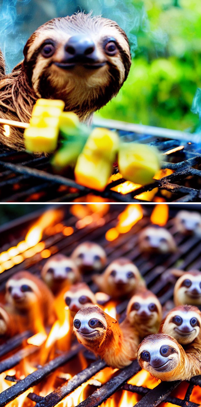 Prompt: Sloths Barbecuing Pineapple On The Grill