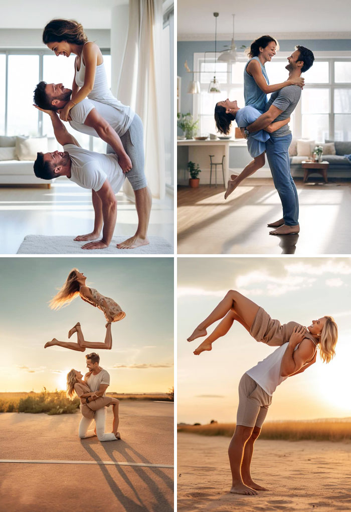 Prompt: Eharmony Commerical Of Mother Doing Handstand While Snuggling Her Husband