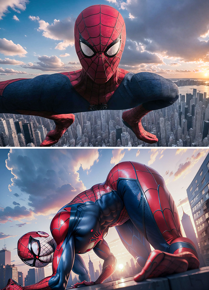 AI art depiction of a superhero crouching over a city skyline at sunset.