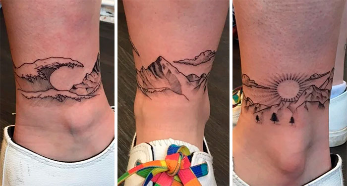Ocean, mountains and sun ankle tattoo