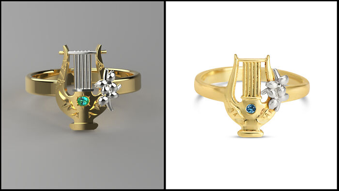Venti Lyre, Genshin Impact Ring. Render (Left) vs. Real (Right)