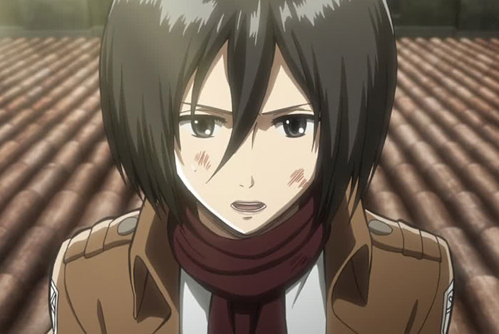 Mikasa Ackerman wearing brown jacket and red scarf