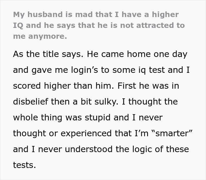 “He Denied Everything”: Woman Calls Out Husband’s Cold Behavior After IQ Test Changes Him “He Denied Everything”: Woman Calls Out Husband’s Cold Behavior After IQ Test Changes Him