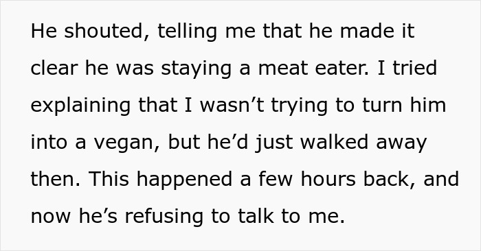 Husband Gets The Silent Treatment After Partner Finds Out The Dinner He Ate Was Vegan